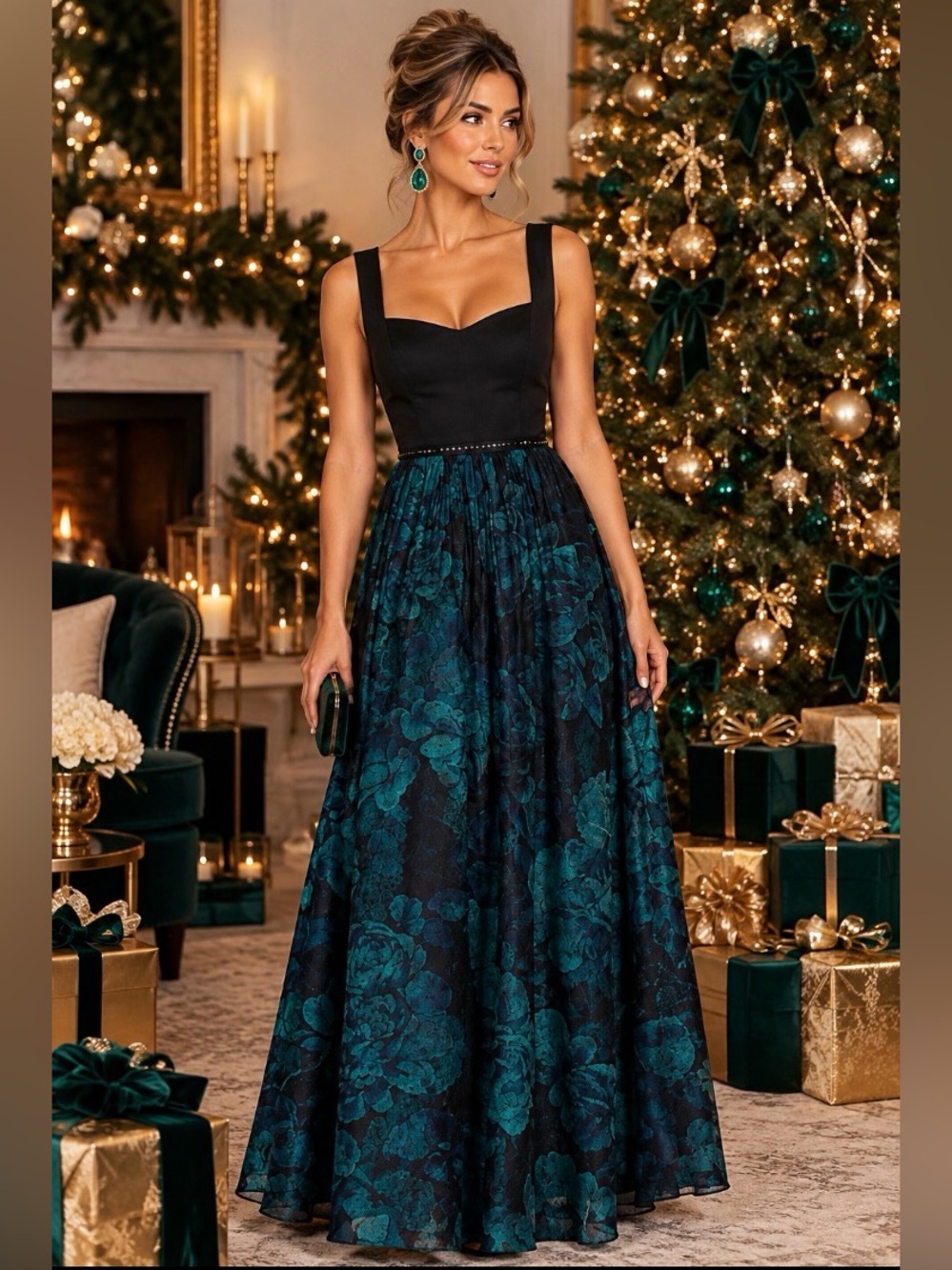 Wedding guest,Black and Teal Floral Petite Sz6 maxi with Jeweled details Dress